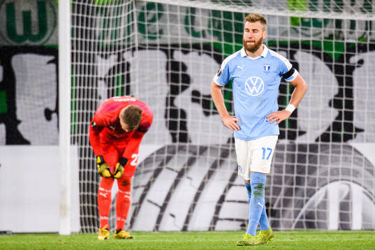 Goalkeeper Johan Dahlin and Rasmus Bengtsson of Malmö FF