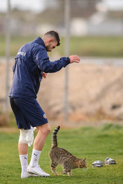 Egzon Bejtulai med en katt