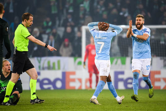 Fouad Bachirou and Rasmus Bengtsson of Malmö FF react