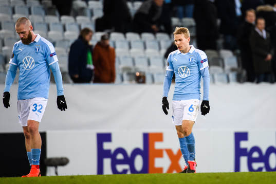 Jo Inge Berget and Oscar Lewicki of Malmö FF look dejected