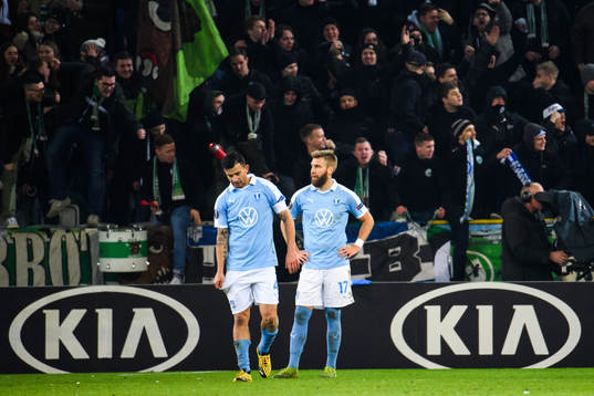 Behrang Safari and Rasmus Bengtsson of Malmö FF look