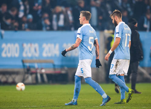 Sören Rieks and Rasmus Bengtsson of Malmö FF look dejected