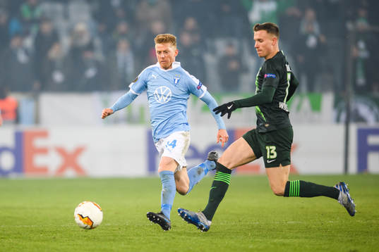 Anders Christiansen of Malmö FF and Yannick Gerhardt of