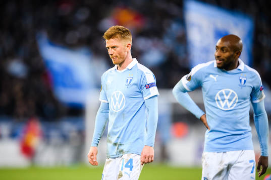 Anders Christiansen and Fouad Bachirou of Malmö FF look