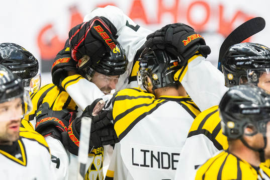 Brynäs Emil Molin jublar med lagkamrater