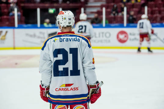 Samtliga spelare i Malmö Redhawks värmer upp med