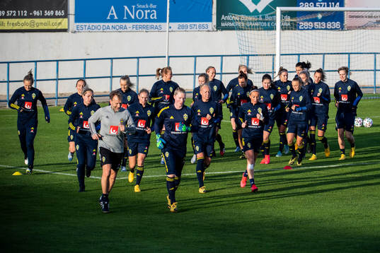 Players of Sweden warming up
