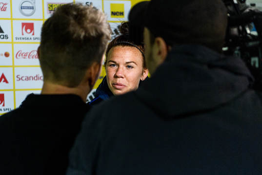 Jessica Samuelsson is interviewed by the media