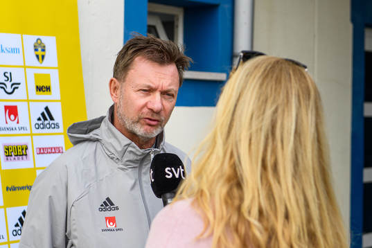 Peter Gerhardsson, head coach is interviewed by the media