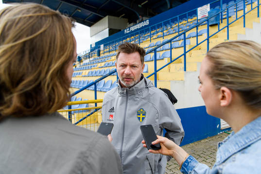 Peter Gerhardsson, head coach is interviewed by the media