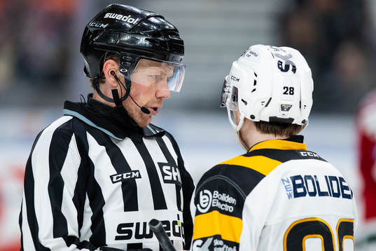Linjedomare Henrik Pihlblad pratar med Skellefteås Jesper