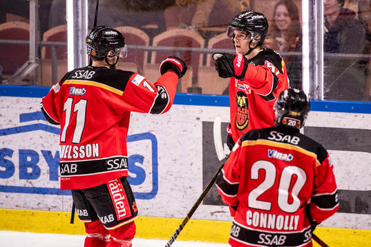 Luleås Filip Hållander jublar med Petter Emanuelsson