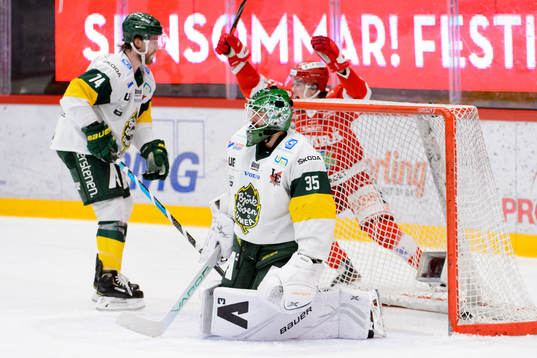 Björklövens Zach Palmquist och målvakt Joe Cannata deppar
