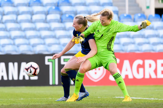 Stina Blackstenius of Sweden against goalkeeper Merle