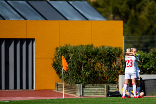 Pernille Harder of Denmark celebrates with teammate Sofie
