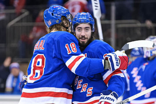 New York Rangers Mika Zibanejad (R) celebrates with Marc