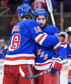 New York Rangers Mika Zibanejad (R) celebrates with Marc