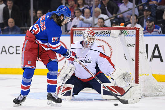 New York Rangers Mika Zibanejad in front of Washington