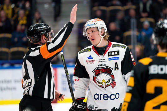 Domaren Mikael Holm och Malmö Redhawks Emil Sylvegård