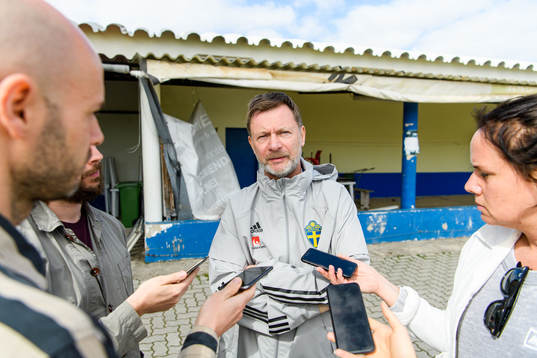 Peter Gerhardsson, head coach is interviewed byt the media