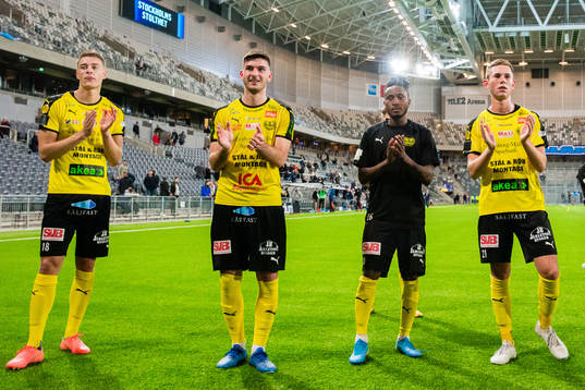Mjällbys Jesper Löfgren, Besard Sabovic, Mamudu Moro och