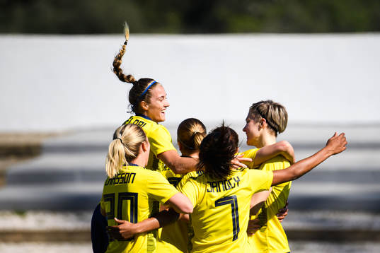 Filippa Angeldal and Lina Hurtig of Sweden celebrate the
