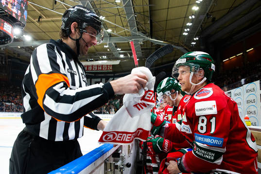 Domare Mikael Sjöqvist pratar med Frölundas Ryan Lasch