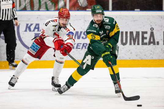 Björklövens Tyler Vesel i kamp om puck med Modos Nikolai