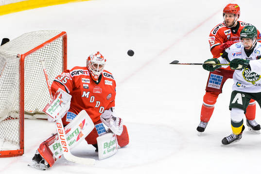 Modos målvakt Patrik Bartosak och Tobias Enström mot