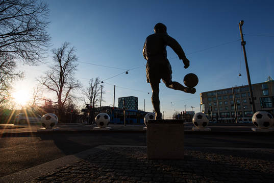 A statue outside Gamla Ullevi as the coronavirus, COVID-19,