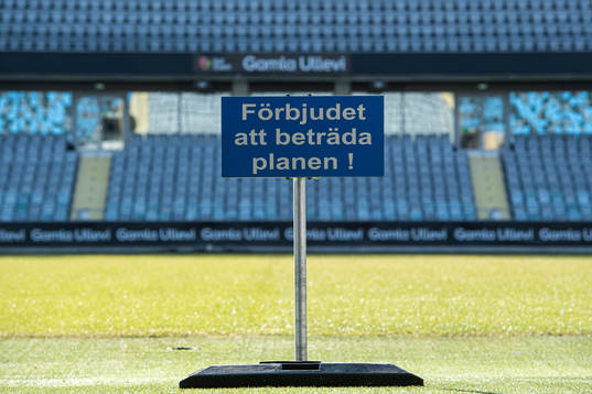 A warning sign about entering the pitch at Gamla Ullevi as