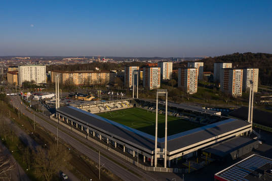 Aerial view of Bravida Arena as the coronavirus, COVID-19,