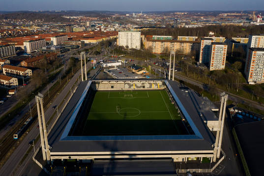 Aerial view of Bravida Arena as the coronavirus, COVID-19,