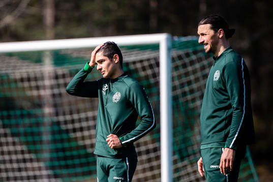 Aimar Sher and Zlatan Ibrahimovic participate in a practice