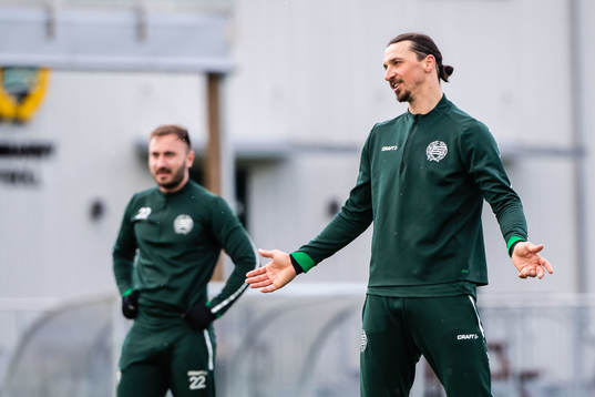Muamer Tankovic and Zlatan Ibrahimovic participate in a