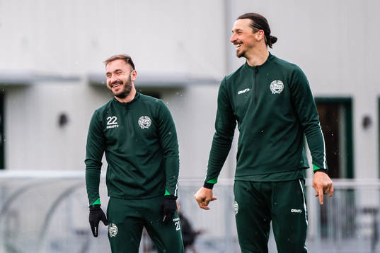 Muamer Tankovic and Zlatan Ibrahimovic participate in a
