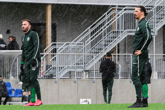 Muamer Tankovic and Zlatan Ibrahimovic participate in a