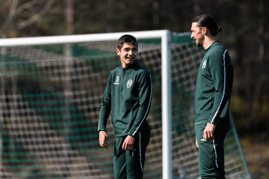 Aimar Sher and Zlatan Ibrahimovic participate in a practice