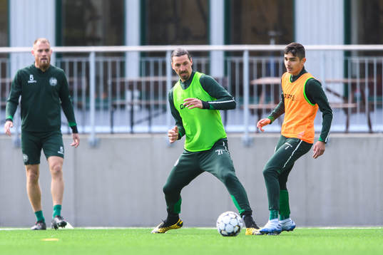 Zlatan Ibrahimovic and Aimar Sher participate in a training