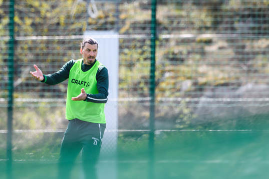 Zlatan Ibrahimovic participates in a training session with