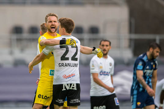 Örebros målvakt Oscar Jansson och Albin Granlund jublar