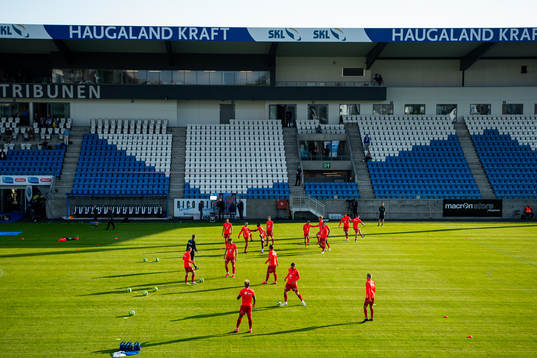 General view of empty seats at Haugesund Stadion as the