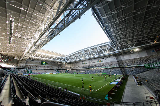 Vy över Tele2 Arena och fotbollsmatchen i Allsvenskan