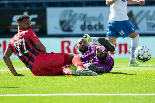 Östersunds Noah Sonko Sundberg och målvakt Aly Keita