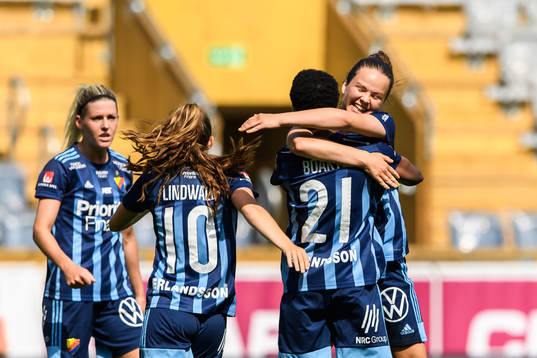 Djurgårdens Portia Boakye jublar med Tilde Lindwall och