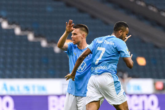 Malmö FFs Isaac Kiese Thelin och Jonas Knudsen jublar