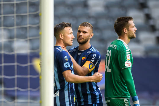 Djurgårdens Fredrik Ulvestad och Jesper Karlström jublar