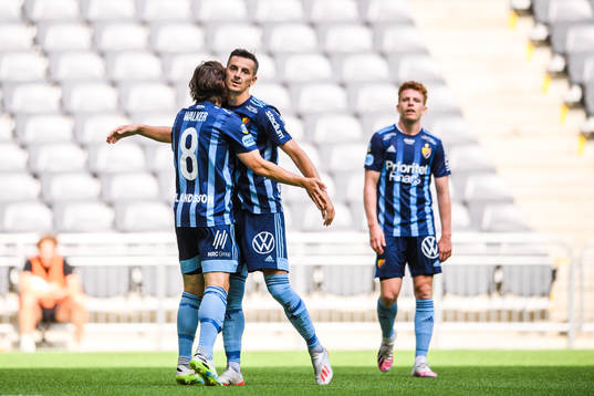 Djurgårdens Kevin Walker jublar med Haris Radetinac