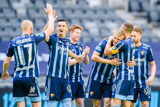 Djurgårdens spelare jublar med Jonathan Augustinsson