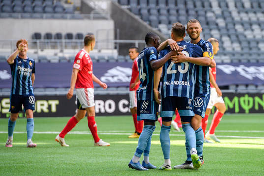 Djurgårdens Jesper Karlström jublar med Fredrik Ulvestad